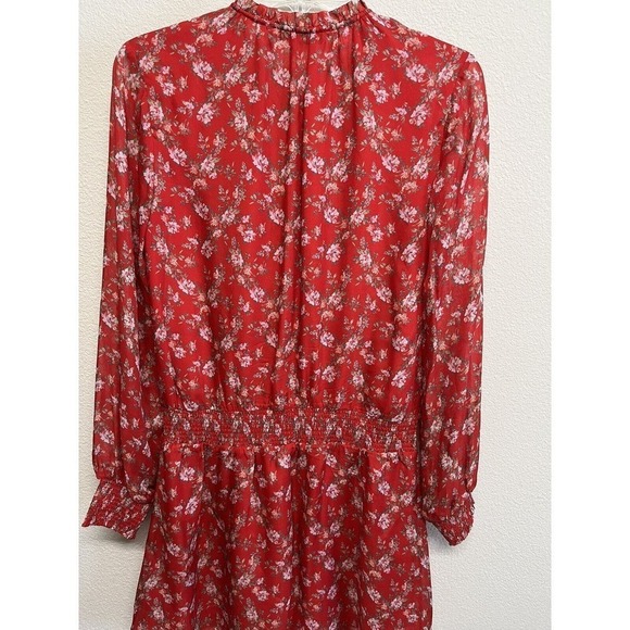 INTERMIX Red Floral Silk Mini Dress Size S Long Sheer Sleeves Tassels - Picture 6 of 10